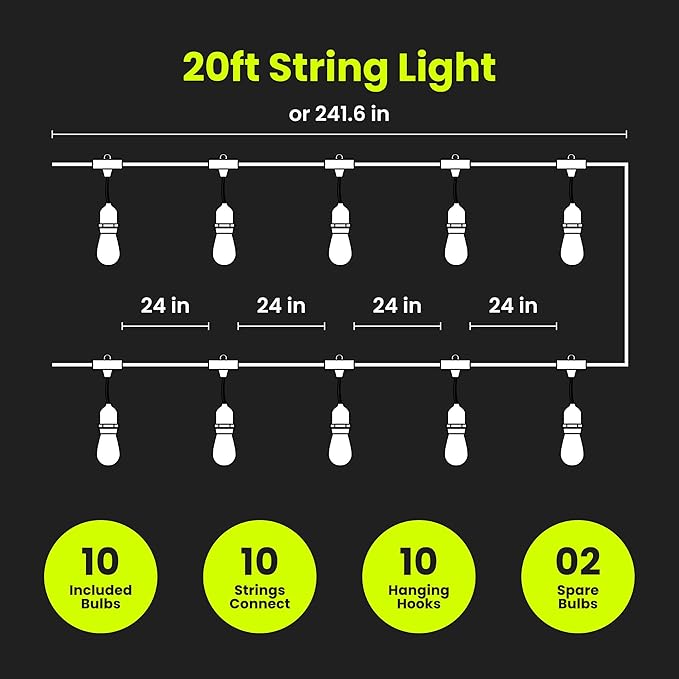 Feit Electric LED String Lights, 20ft Commercial Grade and Shatter Resistant String Lights with 10 Outdoor Sockets, Linkable, 15,000-Hour Lifetime, Wet Rated, SL20-10/FIL, 12 Bulbs Included