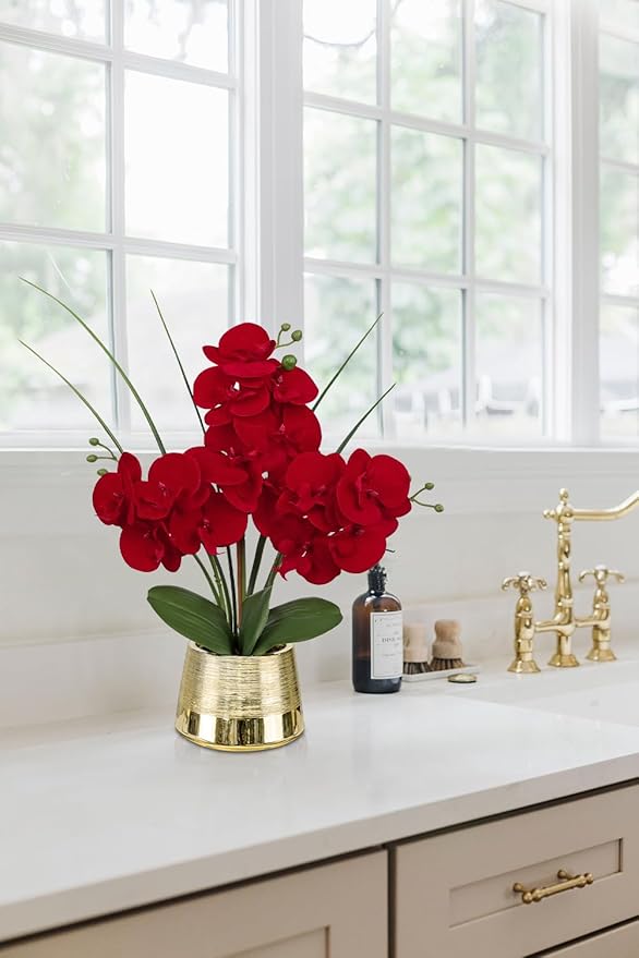 Artificial Red Phalaenopsis Orchid Flower Arrangements Faux Orchid Flower in Gold Pot Orchids Centerpiece for Dining Room Table