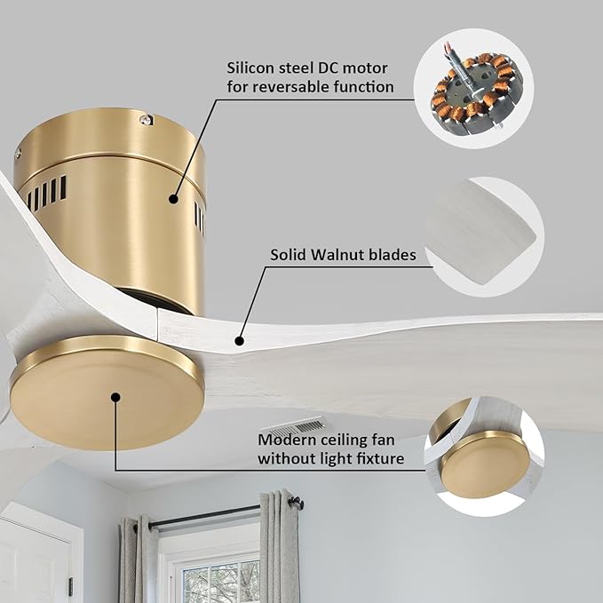 Sofucor 52 Inch Ceiling Fan No Light, Flush Mount Ceiling Fans with Remote, Solid Wood Indoor/Outdoor Ceiling Fans Without Lights, Reversiable DC Motor, Modern Ceiling Fan for Bedroom Farmhouse Patio