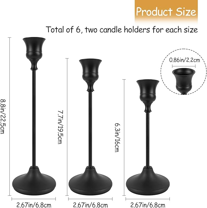Black Candlestick Holders Set of 6, Metal Taper Candle Holders, Classic Decorative Candle Stick for Christmas, Wedding, Party, Dinner Tables,Home Décor