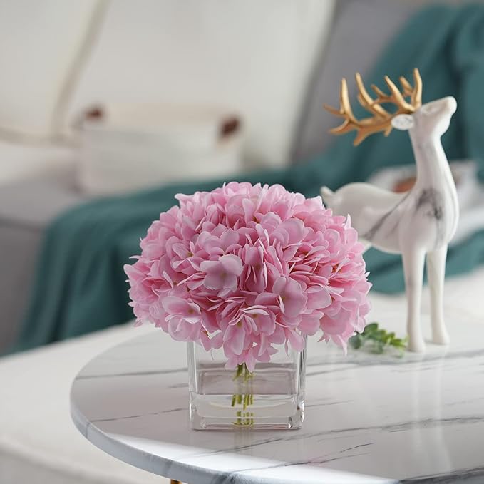 Silk Pink Hydrangea Artificial Flowers in Vase with Faux Water, Silk Flower Arrangements in Vase for Home Decor, Wedding Table (Pink)