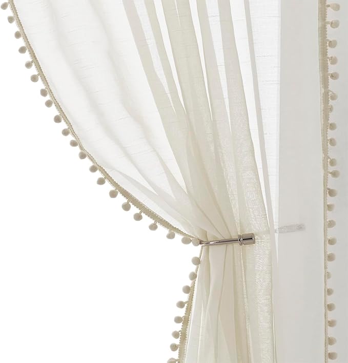 Treatmentex Pom-Pom Polyester Sheer Curtains for Office Outdoor Curtains Bedroom Window Drapes 108 inches Long Rod Pocket Curtain Set for Living Room 2 Pack, Beige