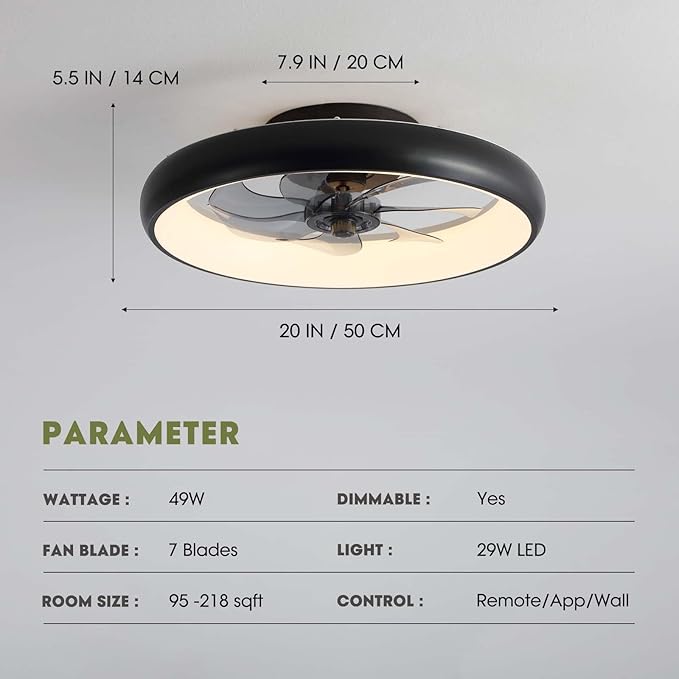 Ceiling Fans with Lights 20'' Flush Mount Fan Remote & APP Control Black Low Profile 6 Wind Speeds Smart Dimmable LED for Bedroom Living Room (Y1095-BK-ELE)
