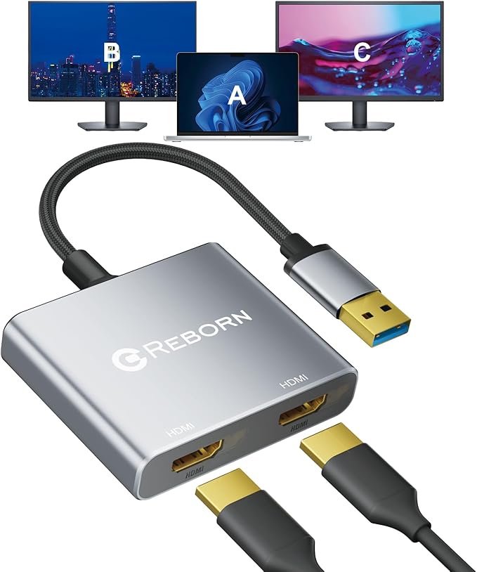 Reborn USB to HDMI Adapter, 1080P@60Hz USB 3.0 Male to Dual HDMI Female Multi-Display Cable Converter Suitable for MacOS, Windows 7/8/10/11 - Driver Installation is Required