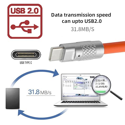 NFHK USB-A Type A to USB-C Liquid Silicone Ultra Soft 120W Power USB2.0 Data Orange Cable Fast Charge for Laptop Tablet Phone 100CM