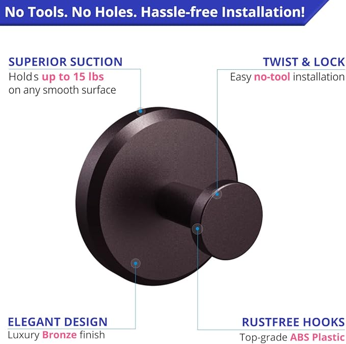 HOME SO Suction Cup Hooks for Shower, Bathroom, Kitchen, Glass Door, Mirror, Tile – Loofah, Towel, Coat, Bath Robe Hook Holder for Hanging up to 15 lbs – Waterproof & Rustproof, Dark Bronze (2-Pack)