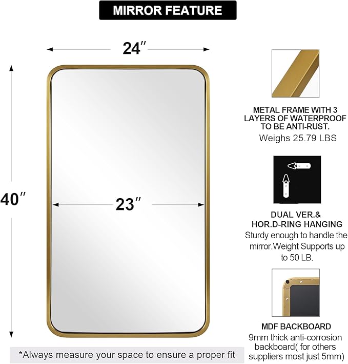 ANDY STAR 24x40 Inch Gold Bathroom Mirror, Rounded Rectangle Mirror, Brushed Brass Bathroom Vanity Mirror Oblong Tube Metal Framed, SUS304-Anti-Rust, Wall-Mounted Horizontal/Vertical 1’’ Deep