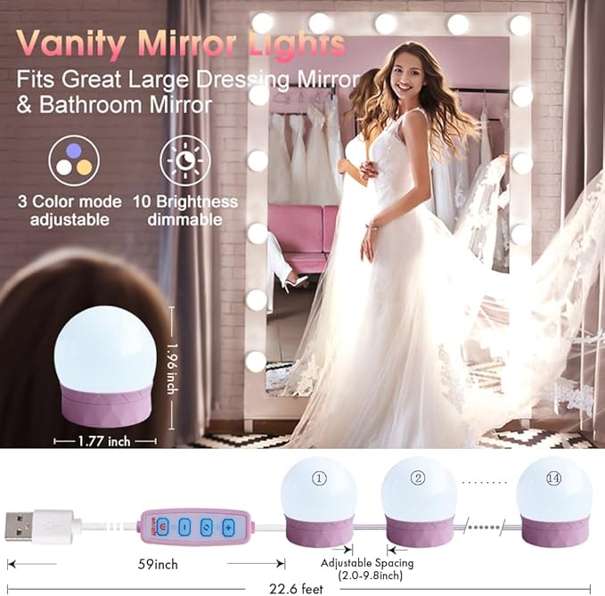 22.6ft Led Vanity Mirror Lights with 14 Dimmable Light Bulbs Makeup Vanity Lights for Big Long Mirror