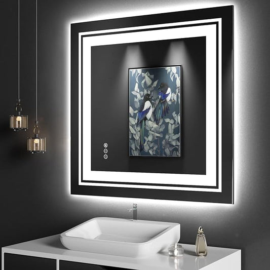 LED Bathroom Mirror, 36"x 36" with Front and Backlit, Anti-Fog, Bathroom Vanity Mirror for Wall, Memory Function, Stepless Dimmable, Tempered Glass (Horizontal/Vertical)