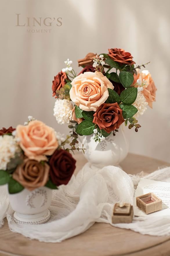 Ling's moment Artificial Flowers Fake Silk Roses Faux Foam Dahlia Combo for DIY Wedding Bouquets Centerpieces Arrangements Bridal Shower Party Home Decorations, Amber & French Orange, 24pcs