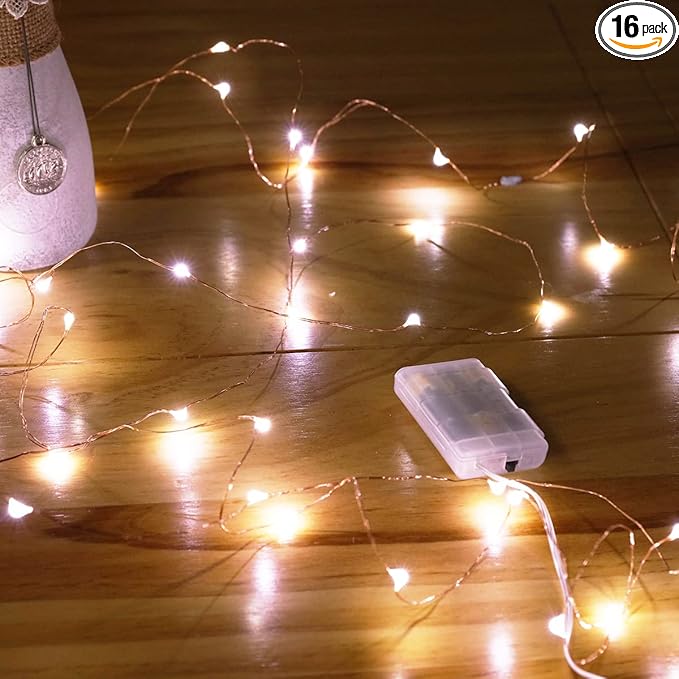 Mikasol Fairy Lights Battery Operated, 16 Packs Mini 3*AAA Battery Powered Copper Wire Led Starry String Lights Firefly Lights for Bedroom, Christmas, Parties, Decoration (5m/16ft Cool White)