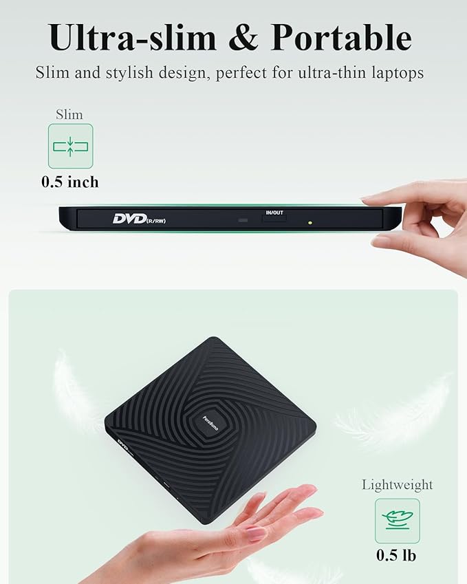 PeroBuno External CD DVD Drive, USB 3.0 Type-C Optical Drive, 0.5-inch Ultra-Slim Portable DVD CD ROM Disc Player Reader Writer Rewriter Burner Recorder for Laptop PC MacBook Windows Linux Mac OS