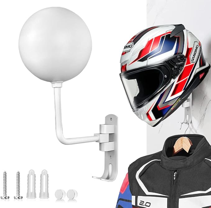 SNAGMO White 180° Motorcycle Helmet Rack, Rotation Metal Helmet Holder Wall Mounted Helmet Rack Motorcycle with 2 Hooks Helmet Hanger for Motorcycle Bike Coats, Caps, Baseballs, Rugby Helmet