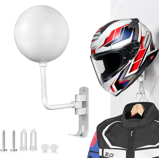 SNAGMO White 180° Motorcycle Helmet Rack, Rotation Metal Helmet Holder Wall Mounted Helmet Rack Motorcycle with 2 Hooks Helmet Hanger for Motorcycle Bike Coats, Caps, Baseballs, Rugby Helmet