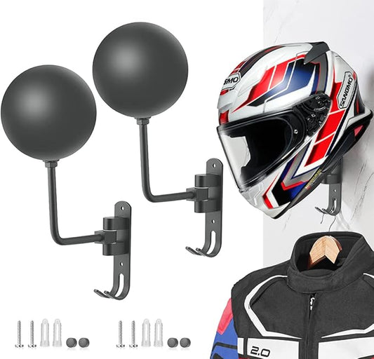 SANGMO Grey 180 Motorcycle Helmet Rack, Rotation Metal Wall Mounted Holder With 2 Hooks for Bike Coats, Caps, Baseballs (2 Pcs)