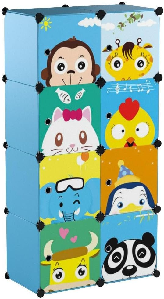 MAGINELS Children Wardrobe Kid Dresser Cute Baby Portable Closet Bedroom Armoire Clothes Hanging Storage Rack Cube Organizer(Blue, 6 Cube & 1 Rod)