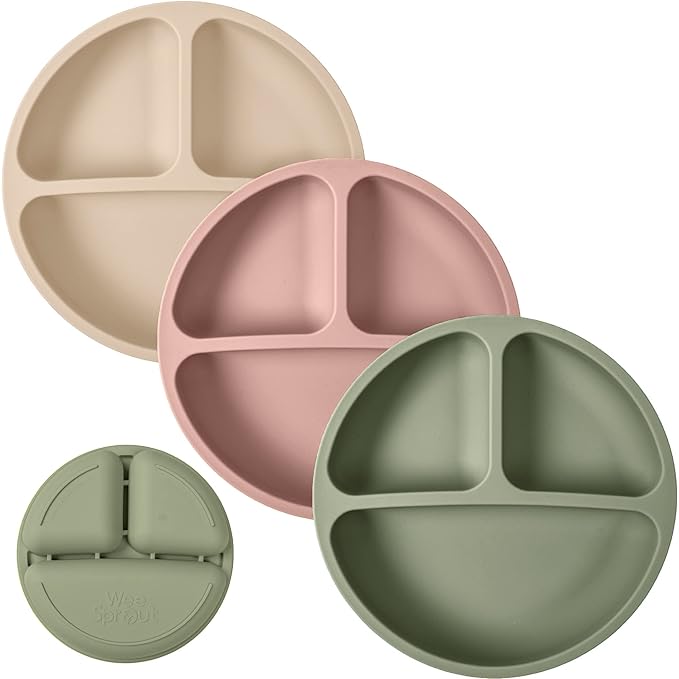 WeeSprout Silicone Plates for Babies & Toddlers (3 Pack) 100% Food-Grade Dishes for Self Feeding, Divided Design & Raised Edges for Picky Eaters, Dishwasher & Microwave Safe Weaning Supplies