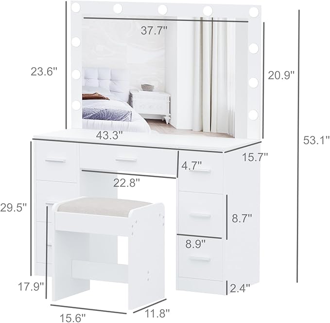 Irontar Vanity Desk with Stool, Makeup Table with Lighted Mirror, 3 Color Lighting Modes, Brightness Adjustable, Dressing Table with Drawers, Bedroom Vanity Table Set for Women, White