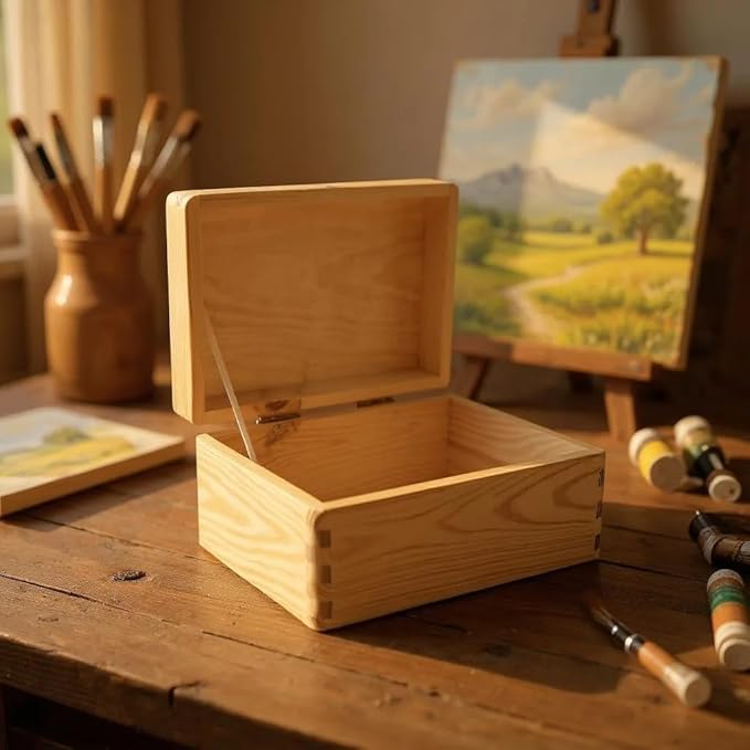 Large Plain Wooden Storage Box with Lid | 7.67x5.90x3.93in (+/-0.39in) | Hinged Lid | Unpainted Gift Box Kitchen Storage | Rough & UNSANDED Wood Keepsake Memory Craft Chest
