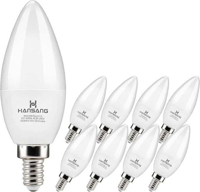 hansang 8 Pack E12 Candelabra LED Light Bulbs 4000K Natural Daylight, Small Base Type B Light Bulb for Chandelier, 6W 60Watt Equivalent, B11 Ceiling Fan Light Bulbs, 600LM, Non-dimmable