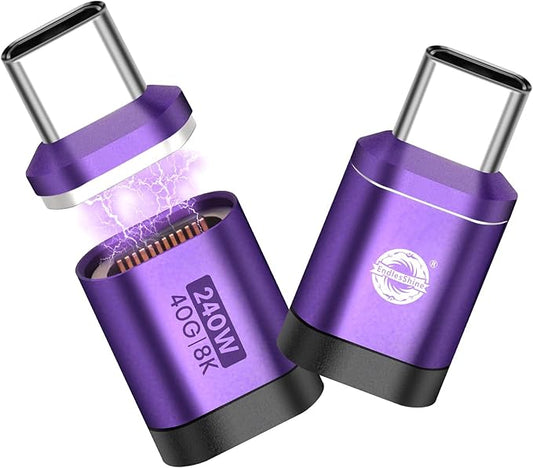 USB C Magnetic Adapter 2 Pack Straight Adapter USB 4.0 24 PIN 40Gbps PD 240W Phone OTG Detachable & Extender 8K 60Hz Video for iPhone17/16/15, Thunderbolt 3/4, MacBook, PS5 PSVR2(Purple)