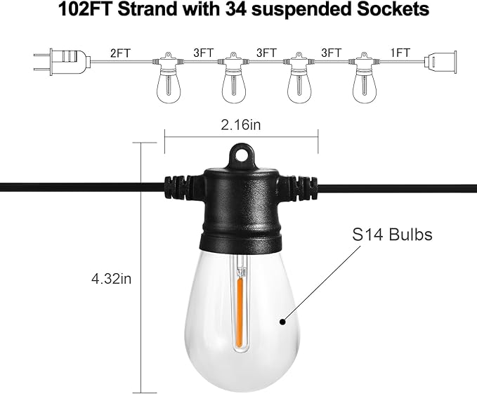 Banord 102FT Outdoor String Lights, Waterproof Patio Lights with 35 Shatterproof LED Bulb Hanging Light String, Black String Light Vintage Party Lights for Garden, Backyard, Porch, Cafe, Deck, Wedding