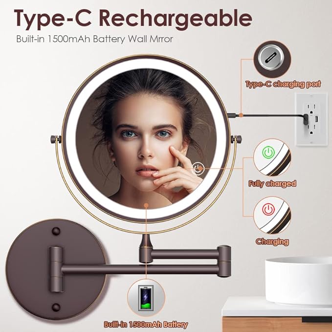 Rocollos Rechargeable Wall Mounted Lighted Makeup Mirror, 8 Inch Double-Sided LED Vanity Mirror 1X/10X Magnification,3 Color Lights Touch Screen Dimmable 360°Swivel 13 Inch Extendable