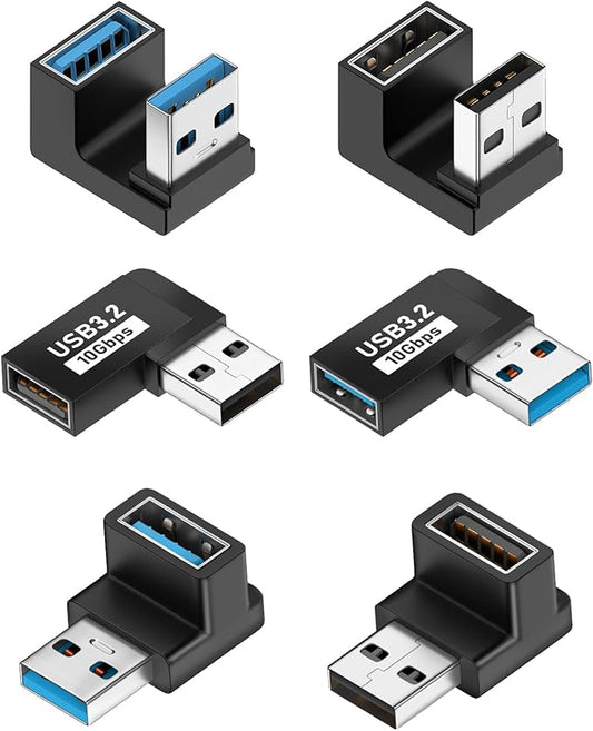 UCEC 6-Pack 90 Degree USB 180 Degree USB 3.2 Adapter, USB 90 Degree Adapter USB Angle Adapter, Up and Down Angle, Left and Right Angle USB A Male to USB A Female Adapter Extender Connector 10Gbps