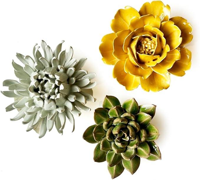 CHIVE ‘Coral’ Artificial Plant — Beautiful, Decorative Ceramic Flower — Unique Tablescape Piece — Small Set of 3 (Mint Flower, Small Green Succulent, Yellow Rose)