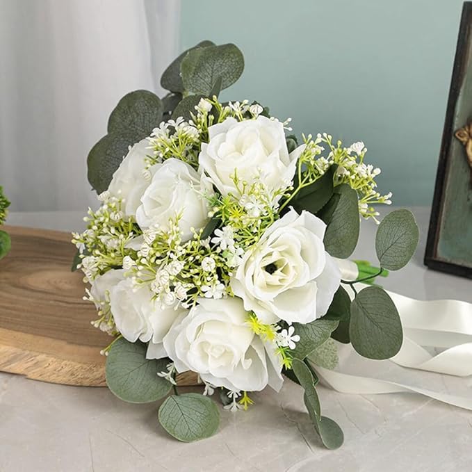 Wedding Rose Bouquet Bridesmaid Flower Bouquets, Artificial Rose White Wedding Bouquets for Bride Bridesmaid Bouquet Faux Bouquet Bride Bridesmaid Holding Flower for Wedding Decor