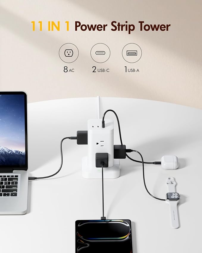 2Pack Power Strip Tower with Surge Protector 1800J, Fast Charging Tower PD20W USB-C Ports with 8 AC Outlets, 10ft Extension Cord for Home Office Dorm Room, White
