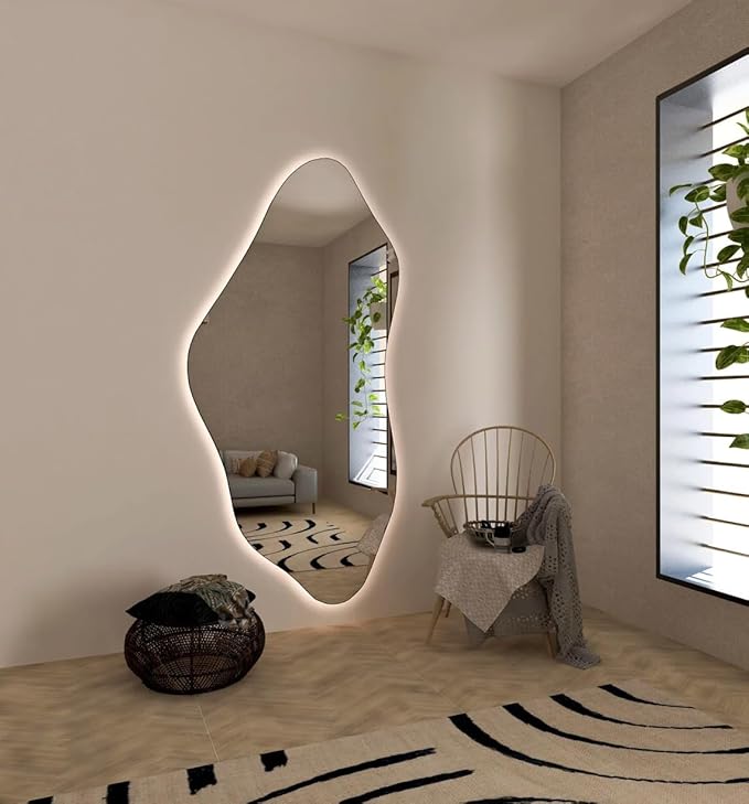 Asymmetrical Bathroom LED Mirror, Modern Irregular Shape Wall Mirror with LED Lights, Frameless Aesthetic Backlit LED Illimunated Vanity Mirror (43" x 21" inc)