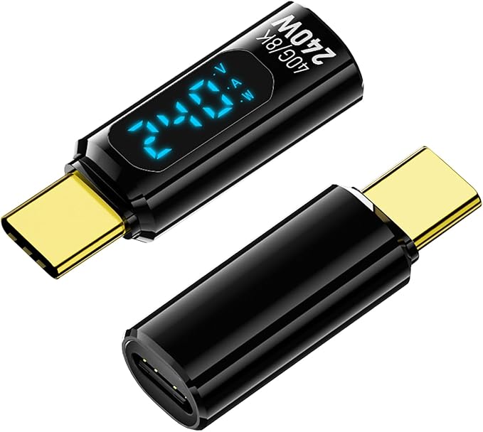 2 Pack USB C Adapter with Digital Display, PD 240W USB-C Male to Female Connector for iPhone 15 Series, iPad, MacBook, Support Voltage, Current and Power Smart LED Display (Black)