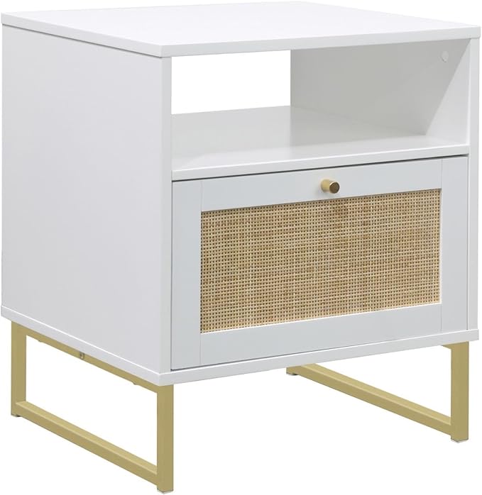 Nathan James Mina Side, End or Accent Table in a Matte White Finish & Brass Gold Legs with Natural Rattan Storage Door for Living Room or Nightstand for Bedroom, White/Gold, Set of 2
