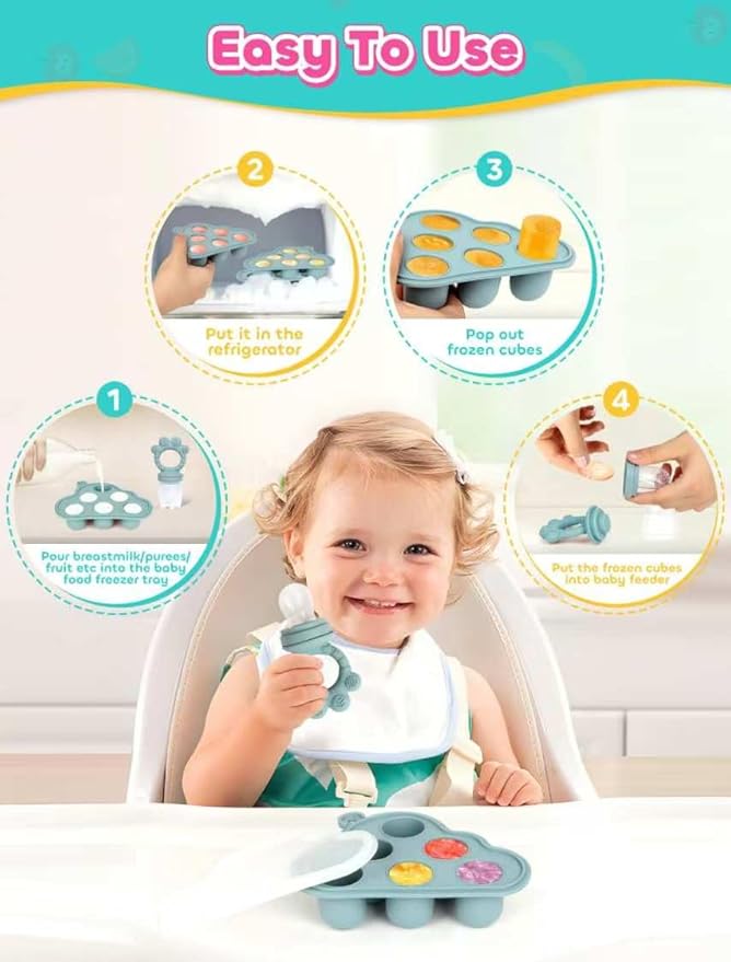 Baby Popsicle Molds & Food Feeder Set, Baby Fruit Feeder for Infant Teething Relief & Safe Infant Self Feeding 4 Months+ Starting Solids for Essentials (Green+Blue)