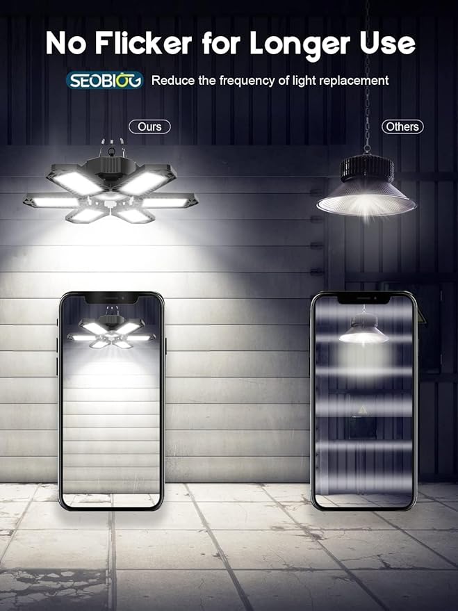 SEOBIOG LED Garage Lights 8 Pack, 200W 20000LM Plug in Linkable LED Shop Light, 6500K Ceiling Light Fixtures with 6+1 Deformable Panels for Garage, Work Bench (Built-in ON/Off Switch)