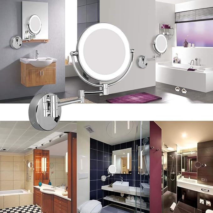 8Inch 10X Magnifier with LED Light Wall-Mounted Bathroom Mirror Wall Mounted Makeup Mirror Extended to 17 Inches Powered by USB Charging for Bathroom Hotels,Chrome (Color : Chrome)