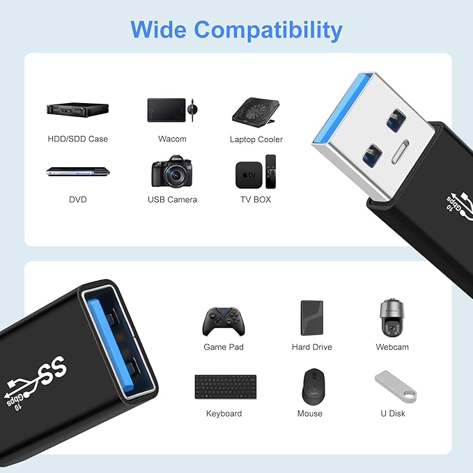 USB 3.0 Male to USB3.0 Female Adapter (2 Pack), OTG 3.0 USB A to 3.0 USB-A Expander Connector USBA Extender Connection or Data Cable Extension, USB3.0 Converter Adapters
