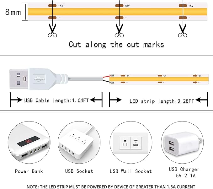 Led Strip Lights 5V USB Short COB LED Strip Light 3Pack 3000K Warm White Small Flexible Not Dimmable USB led Lights for Indoor Home DIY Lighting Room Decor 5V LED TV Lights (3.28FT/1M*3)