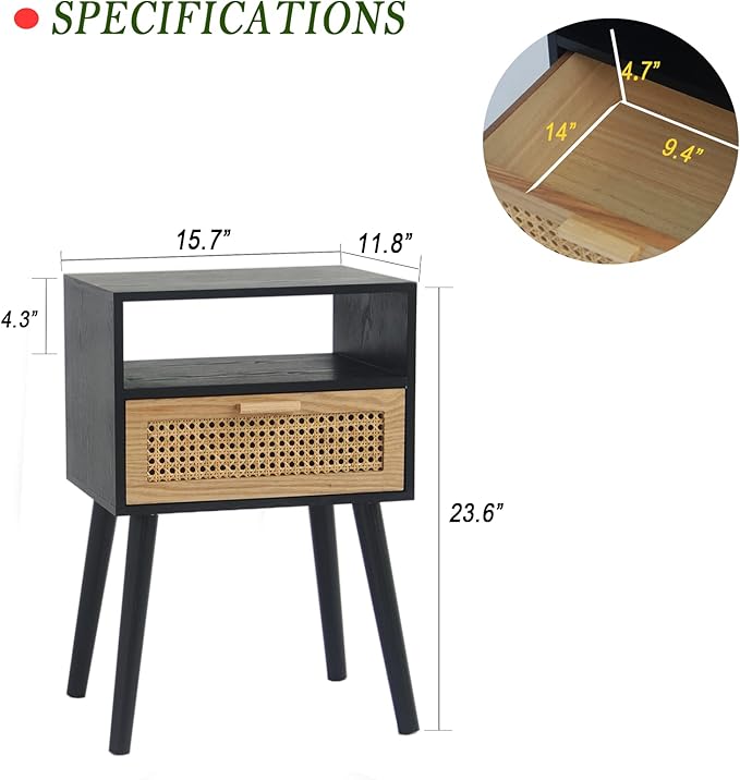 MaxSmeo End Table with Storage Mid Century Nightstand with Rattan Drawer and Shelf, Wood Small Side Coffee Table for Small Space, Living Room and Bedroom, Easy Assembly (Black)