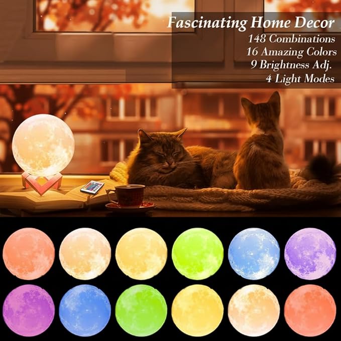 Mydethun Moon Lamp 16 Colors – 4.7' 3D Printed Lunar Light with 148 Modes, Wooden Stand, Remote & Touch Control – Retirement Gift for Women – Bedroom, Living Room, Fall Décor, Christmas