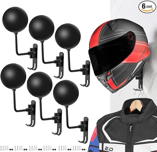 SANGMO 6 Pack 180° Motorcycle Helmet Holder Wall Mount, Rotation Metal Helmet Rack, Helmet Holder Bike with 2 Hooks Helmet Hanger for Motorcycle Bike Coats, Caps, Baseballs, Rugby Helmet (Black)