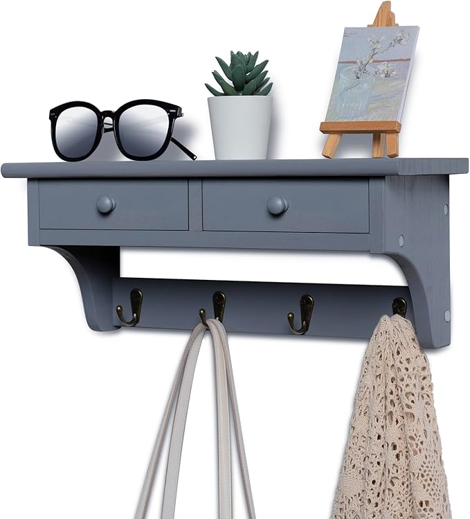 Emfogo Coat Hooks Wall Mounted, Rustic Wood Coat Rack Wall Mount Shelf with Hooks, Farmhouse Wall Coat Rack with Shelf & Coat Hook for Entryway, Mudroom, Bedroom, Kitchen, Bathroom (Gray)