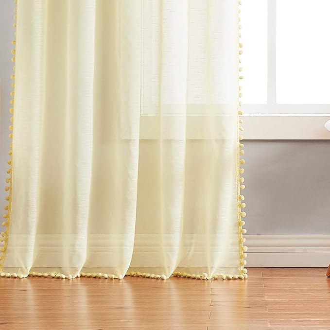 Treatmentex Pompom Sheer Yellow Curtains for Living Room Bedroom Nursery Room 72 inch Long Linen Texture Curtain Drapes for Kids Room 2 Panels Rod Pocket