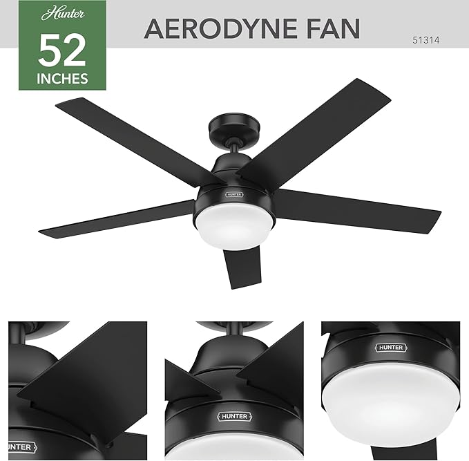 Hunter 51314 Aerodyne Ceiling Fan 52 inches Matte Black
