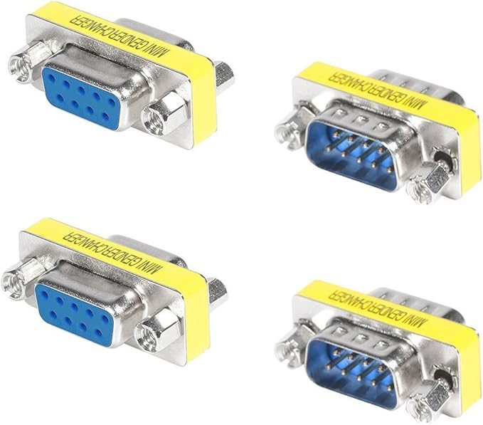RS232 Serial Cable Adapter, DB9 9-Pin Female to Female/Male to Male Gender Changer Coupler Connector, Pack of 4 – Compatible with Serial Devices, Modems, Scanners, Industrial Equipment