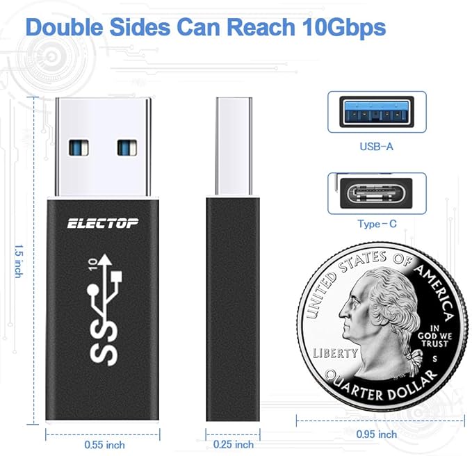 ELECTOP Updated USB to USB C Adapter (2 Pack), Support Double Sides10Gbps Charging & Data Transfer, USBC Female to A Male OTG Type C Converter for PC, Laptop, Charger, Power Bank, Quest Link