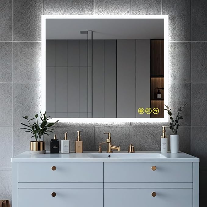 Wall-Mounted LED Square Bathroom Mirror, Makeup Mirror (36 inches x 30 inches,) 3 Color Stepless Dimmable Memory Bathroom Vanity Mirror with Lights CRI90+ 3000~6400K Smart Mirror with Touch