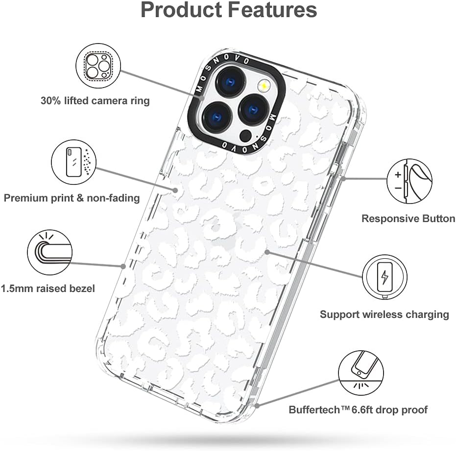 MOSNOVO iPhone 13 Pro Case, Clear TPU Bumper with Buffertech 6.6ft Military-Grade Drop Protection, White Leopard Print