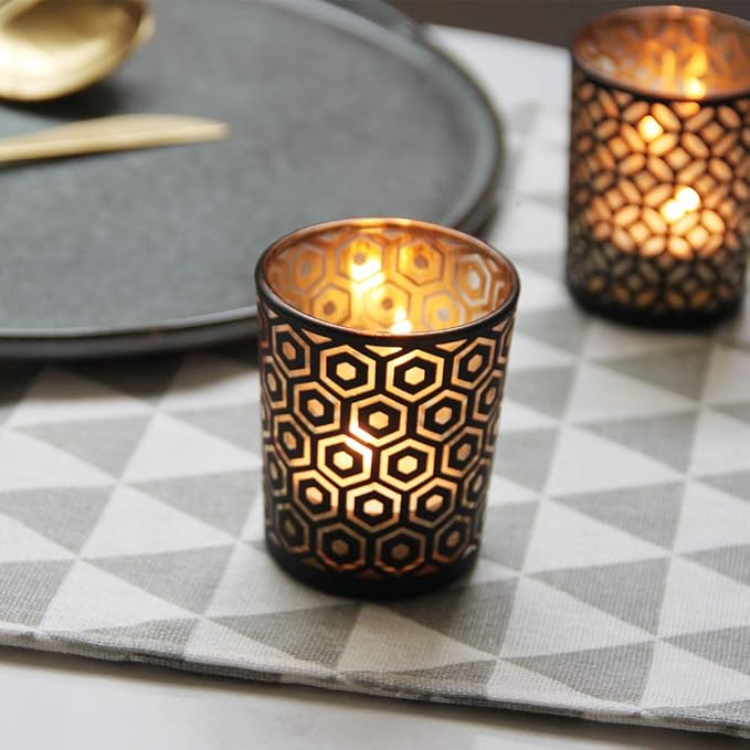 SHMILMH Halloween Votive Candle Holders Set of 12 Black Gold Glass Tealight Candle Holders with 4 Patterns Table Centerpiece for Halloween Party Table Decorations